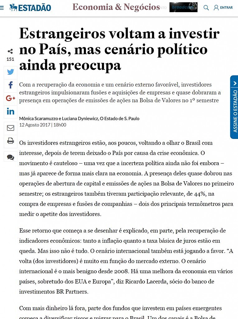 Estrangeiros voltam a investir no Pas, mas cenrio poltico ainda preocupa